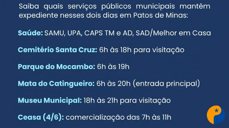 Prefeitura de Patos de Minas divulga funcionamento dos serviços municipais no feriado de Corpus Christi