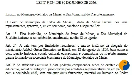 Patos de Minas institui o Dia Municipal do Presbiterianismo