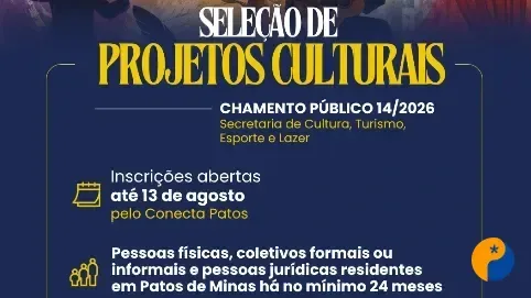 Prefeitura de Patos de Minas abre seleção de projetos culturais com premiação de R$ 60 mil
