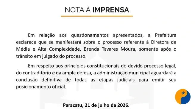 Prefeitura de Paracatu diz que só comentará investigação contra diretora da Saúde após decisão definitiva da Justiça