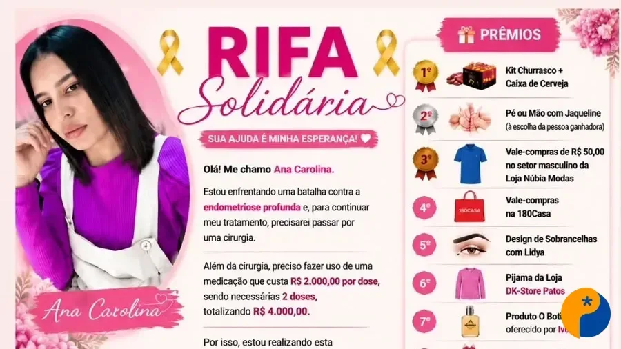 Rifa solidária busca arrecadar fundos para tratamento de jovem, diagnosticada com endometriose profunda