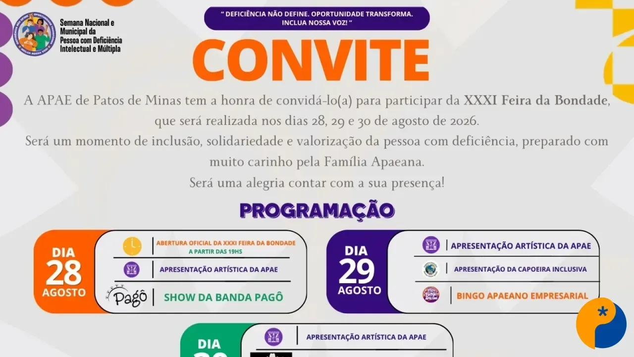 XXXI Feira da Bondade da APAE acontece neste fim de semana em Patos de Minas
