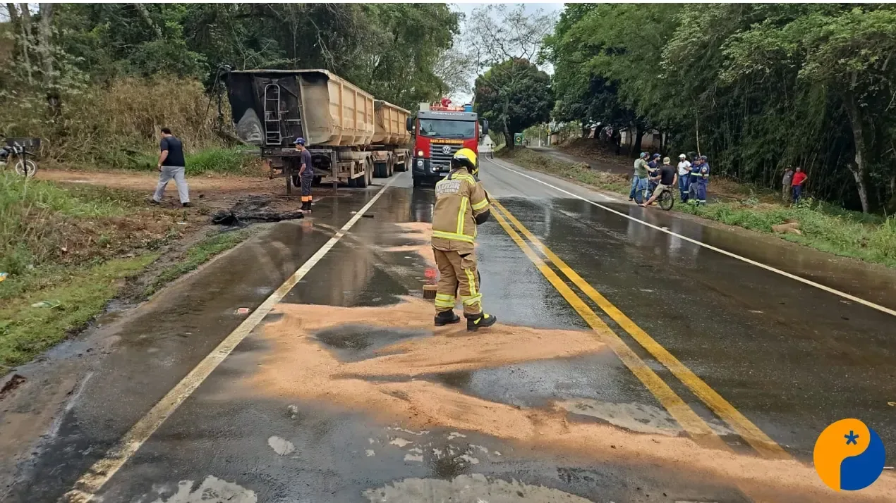 Carreta bitrem carregada com sorgo pega fogo em rodovia