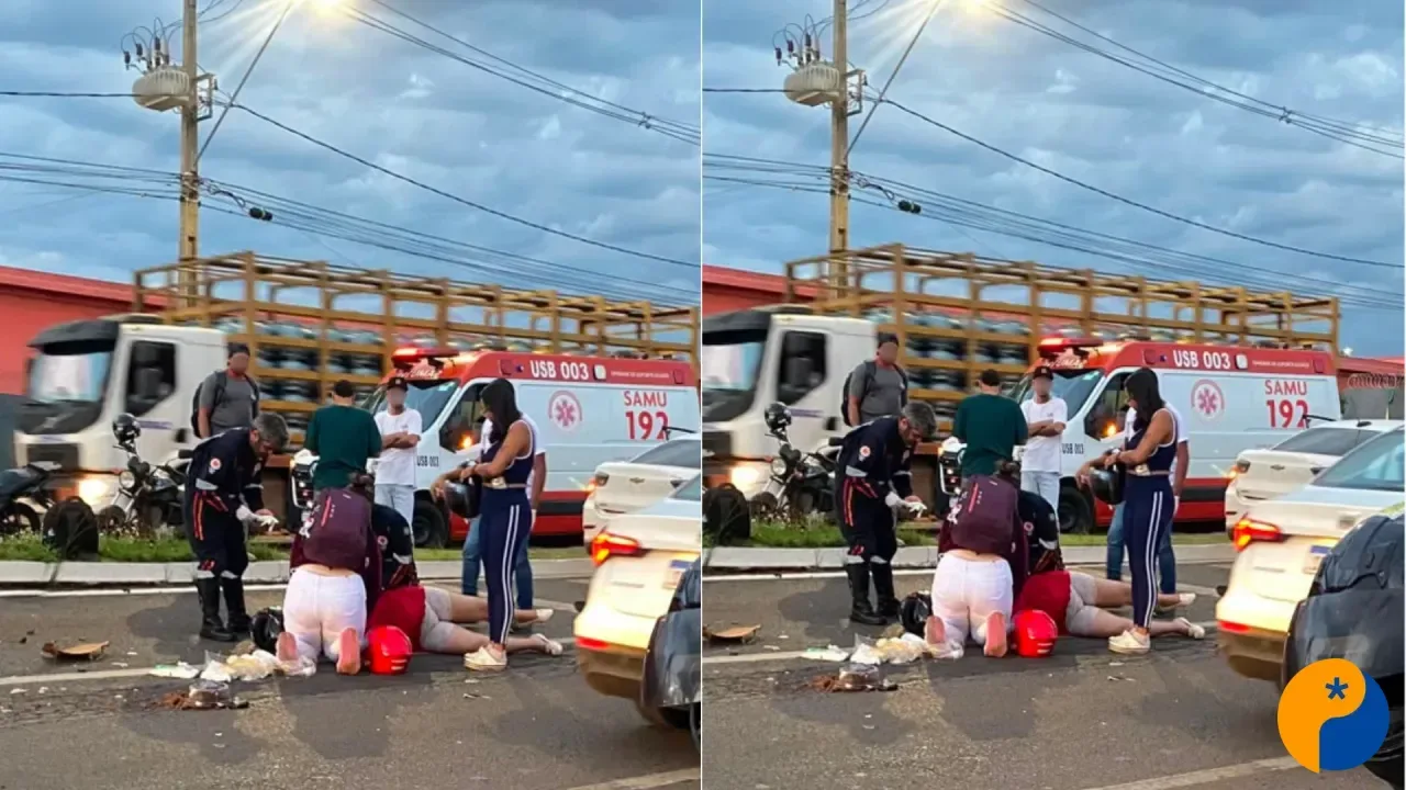 Mãe e filho ficam feridos após motocicleta ser prensada entre dois carros na Avenida Marabá