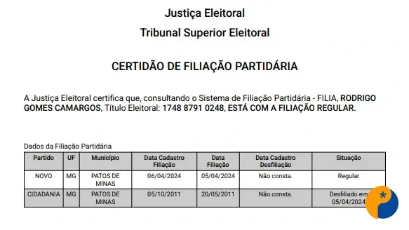 Certidão do TSE registra filiação de Rodrigo ao Novo desde abril de 2024 e levanta questionamentos sobre vaga na Câmara de Patos de Minas
