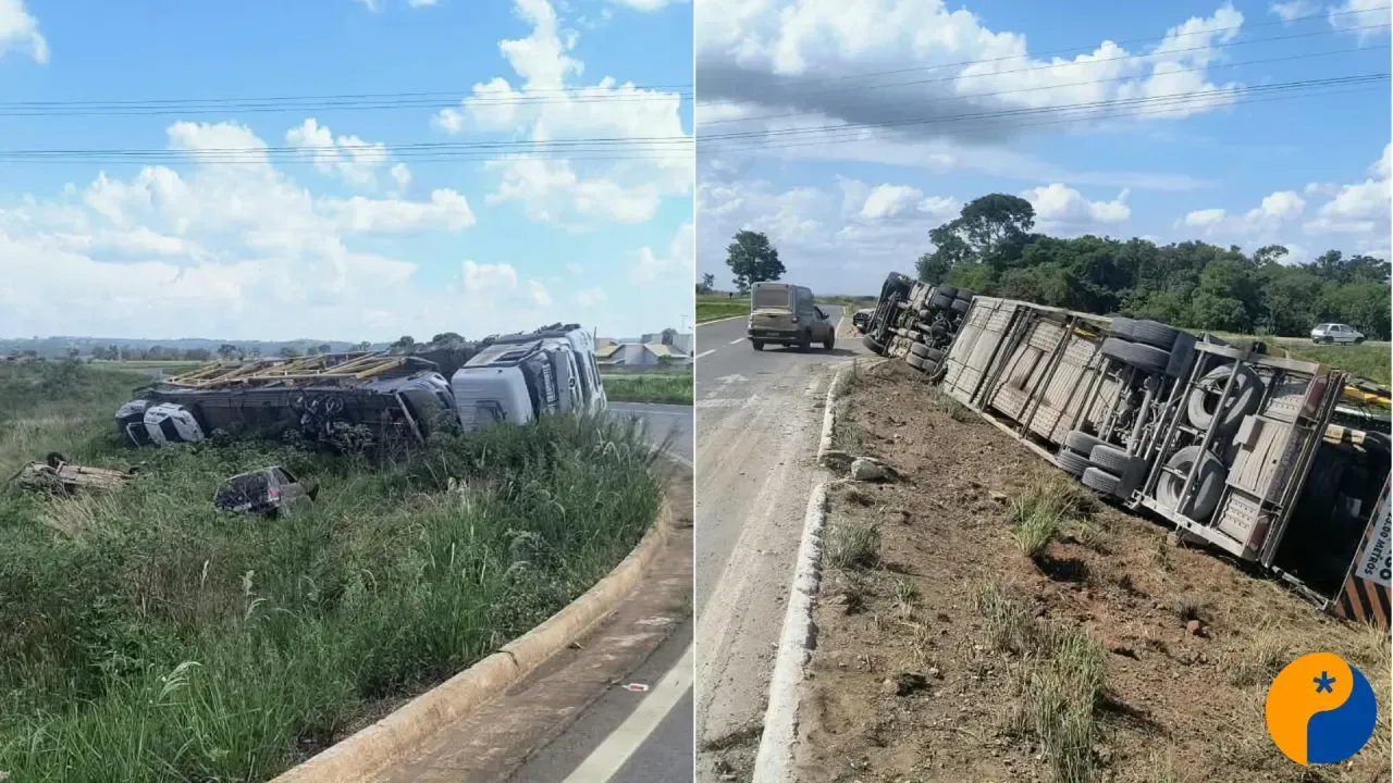 Caminhão-cegonha com 21 veículos tomba na BR-146, em Serra do Salitre